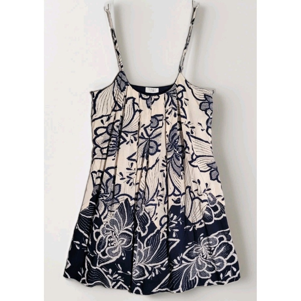 TOBI Off White and Blue Floral Lined Rayon Mini Sundress Adjustable Straps Sz S